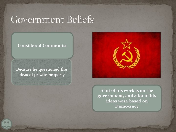 Government Beliefs Considered Communist Because he questioned the ideas of private property A lot