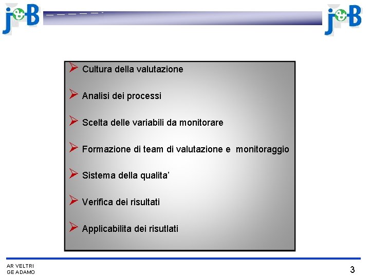 Ø Cultura della valutazione Ø Analisi dei processi Ø Scelta delle variabili da monitorare