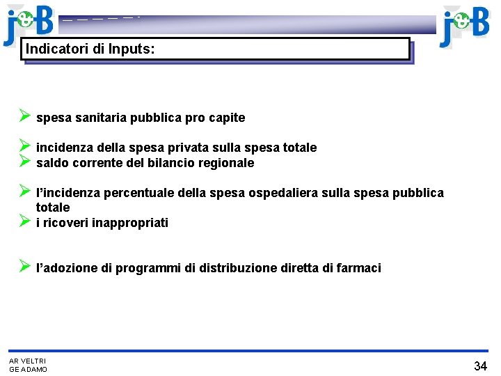 Indicatori di Inputs: Ø spesa sanitaria pubblica pro capite Ø incidenza della spesa privata