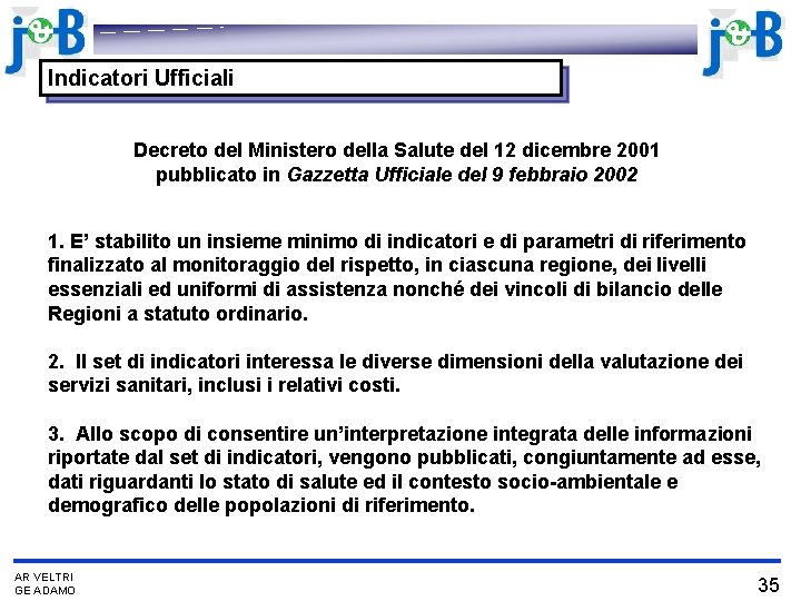 Indicatori Ufficiali Decreto del Ministero della Salute del 12 dicembre 2001 pubblicato in Gazzetta