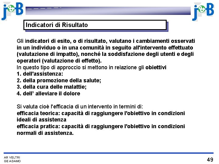 Indicatori di Risultato Gli indicatori di esito, o di risultato, valutano i cambiamenti osservati