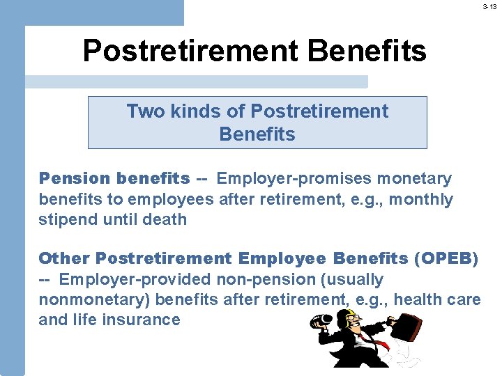 3 -13 Postretirement Benefits Two kinds of Postretirement Benefits Pension benefits -- Employer-promises monetary