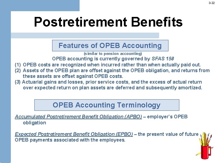 3 -22 Postretirement Benefits Features of OPEB Accounting (similar to pension accounting) OPEB accounting