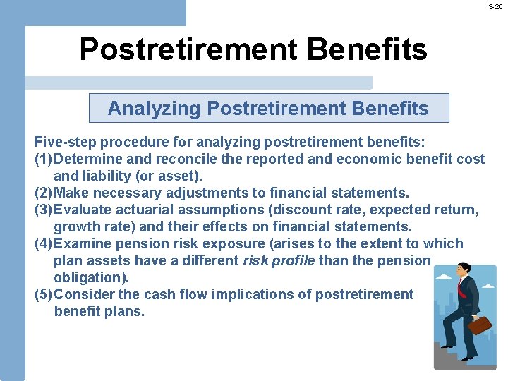 3 -26 Postretirement Benefits Analyzing Postretirement Benefits Five-step procedure for analyzing postretirement benefits: (1)