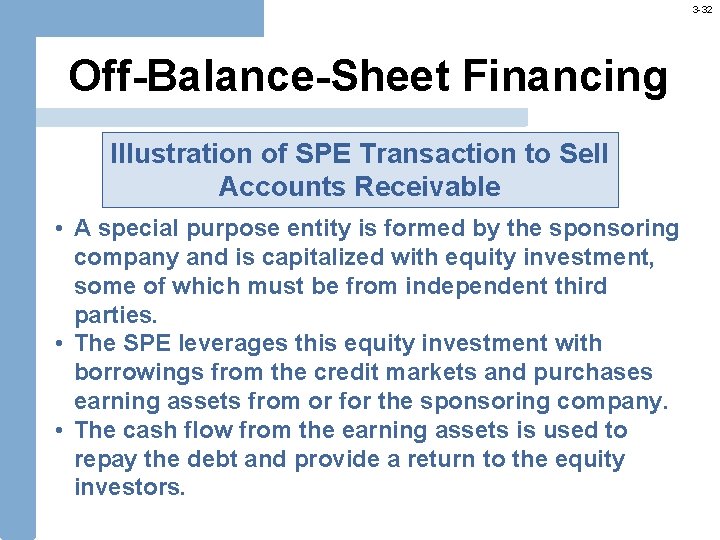 3 -32 Off-Balance-Sheet Financing Illustration of SPE Transaction to Sell Accounts Receivable • A