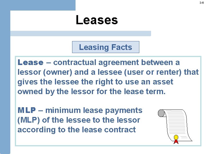 3 -6 Leases Leasing Facts Lease – contractual agreement between a lessor (owner) and