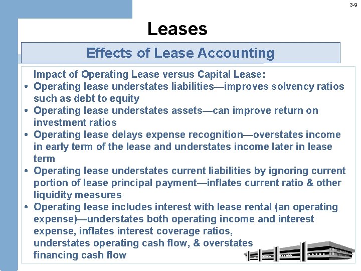 3 -9 Leases Effects of Lease Accounting Impact of Operating Lease versus Capital Lease: