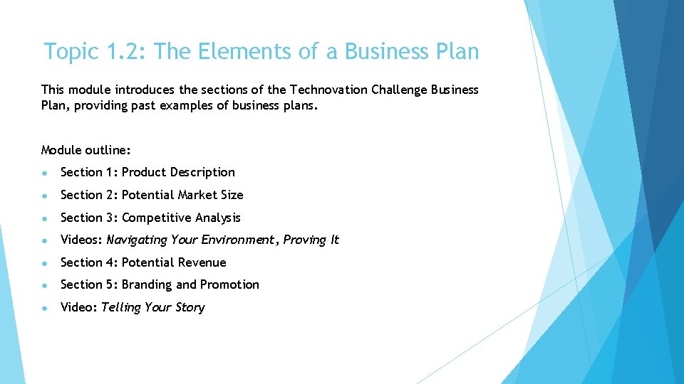 Topic 1. 2: The Elements of a Business Plan This module introduces the sections