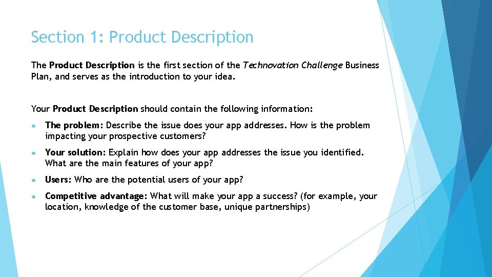 Section 1: Product Description The Product Description is the first section of the Technovation