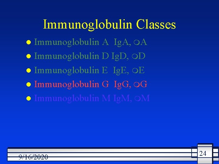 Immunoglobulin Classes Immunoglobulin A Ig. A, m. A l Immunoglobulin D Ig. D, m.