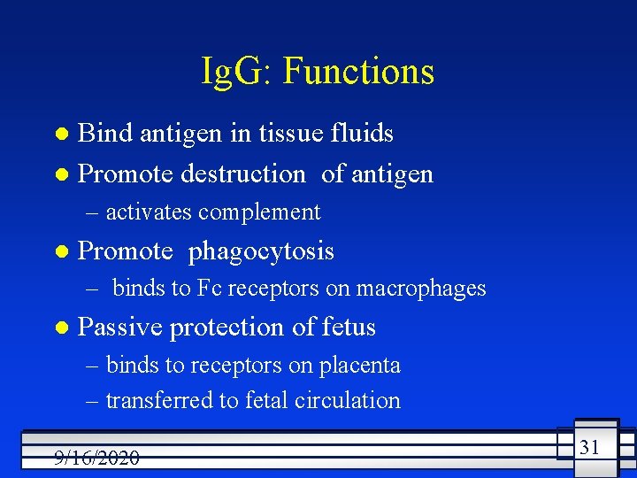 Ig. G: Functions Bind antigen in tissue fluids l Promote destruction of antigen l