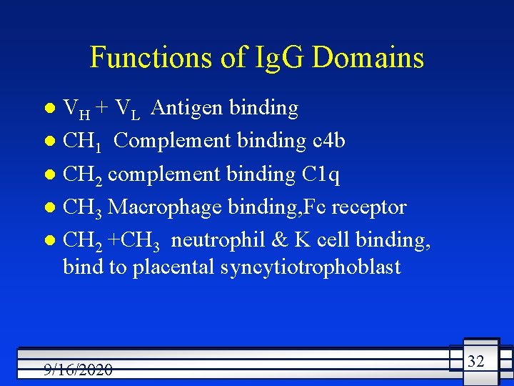 Functions of Ig. G Domains VH + VL Antigen binding l CH 1 Complement