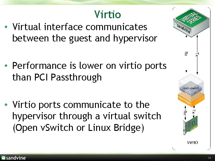 Virtio • Virtual interface communicates between the guest and hypervisor • Performance is lower