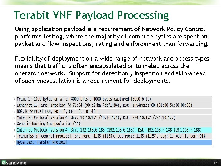 Terabit VNF Payload Processing Using application payload is a requirement of Network Policy Control