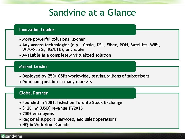 Sandvine at a Glance Innovation Leader • More powerful solutions, sooner • Any access