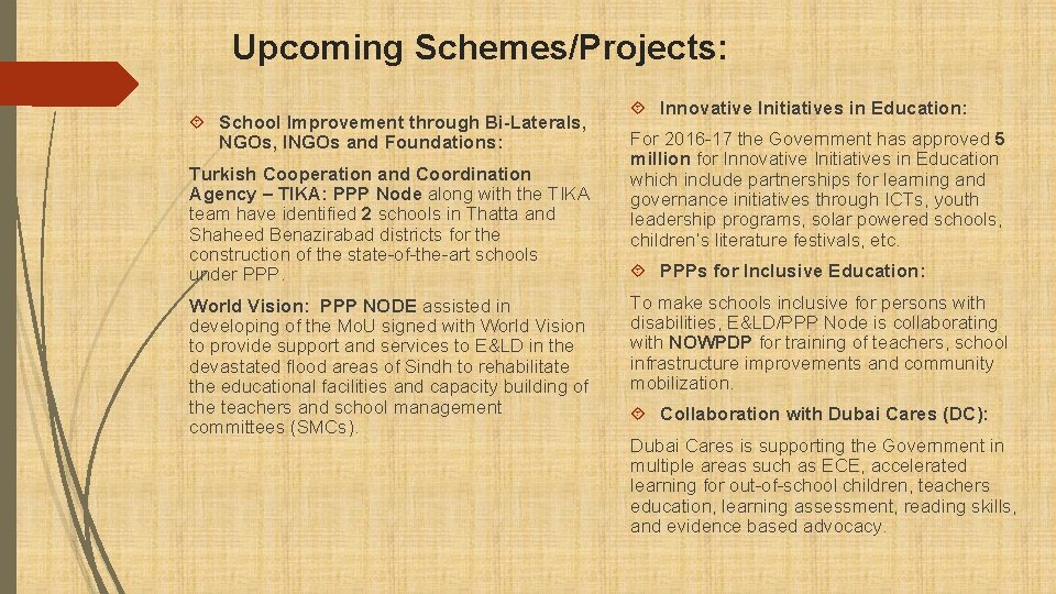 Upcoming Schemes/Projects: School Improvement through Bi-Laterals, NGOs, INGOs and Foundations: Turkish Cooperation and Coordination