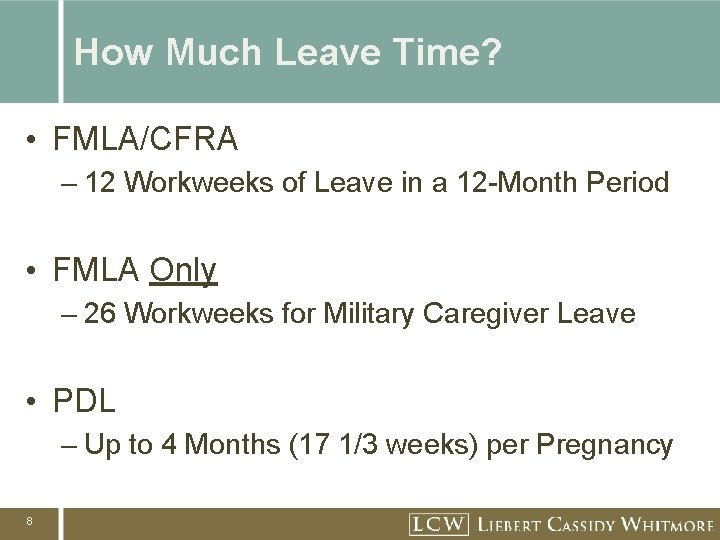 How Much Leave Time? • FMLA/CFRA – 12 Workweeks of Leave in a 12