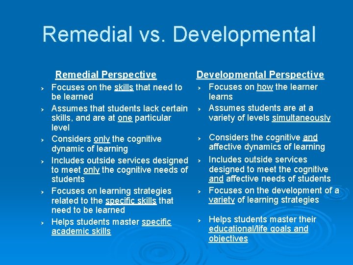 Remedial vs. Developmental Remedial Perspective Ø Ø Ø Focuses on the skills that need