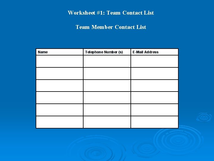 Worksheet #1: Team Contact List Team Member Contact List Name Telephone Number (s) E-Mail