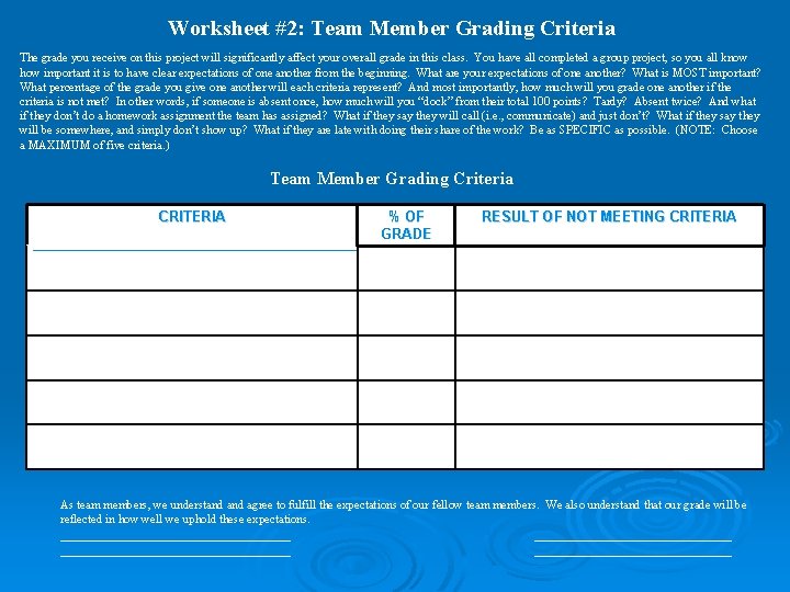 Worksheet #2: Team Member Grading Criteria The grade you receive on this project will