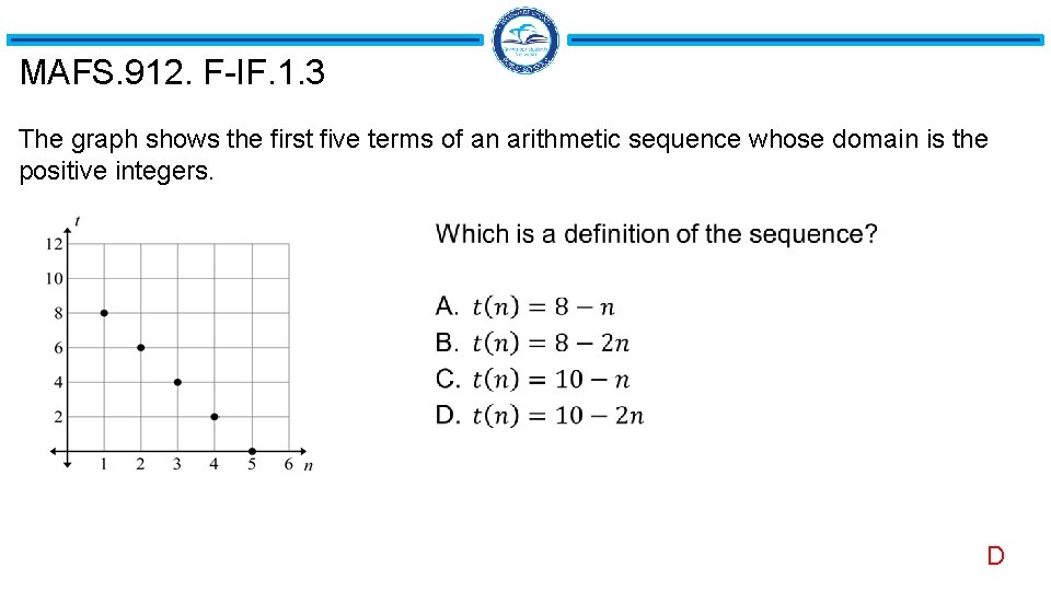MAFS. 912. F-IF. 1. 3 The graph shows the first five terms of an