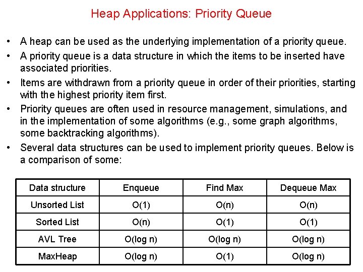 Heap Applications: Priority Queue • A heap can be used as the underlying implementation Heap Applications: Priority Queue • A heap can be used as the underlying implementation