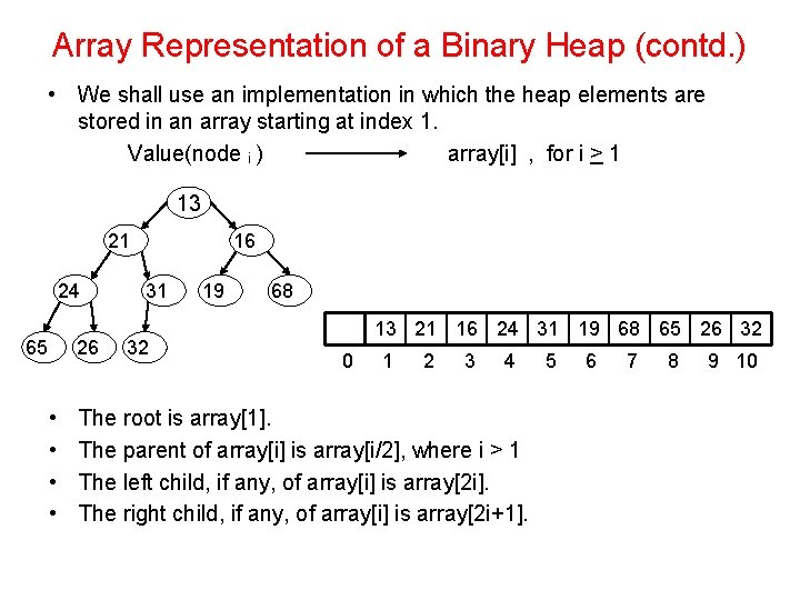 Array Representation of a Binary Heap (contd. ) • We shall use an implementation