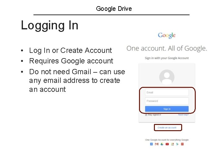 Google Drive Logging In • Log In or Create Account • Requires Google account