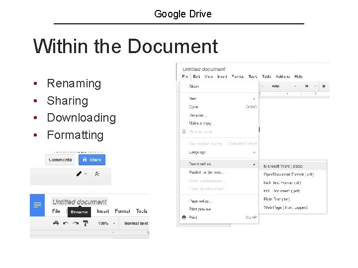 Google Drive Within the Document • • Renaming Sharing Downloading Formatting 