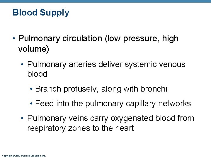 Blood Supply • Pulmonary circulation (low pressure, high volume) • Pulmonary arteries deliver systemic