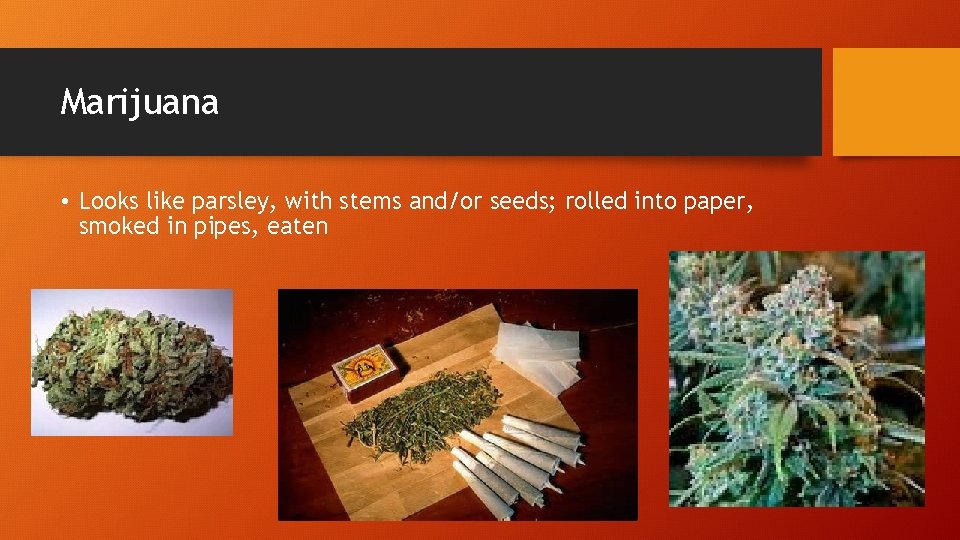 Marijuana • Looks like parsley, with stems and/or seeds; rolled into paper, smoked in