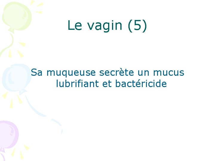 Le vagin (5) Sa muqueuse secrète un mucus lubrifiant et bactéricide 