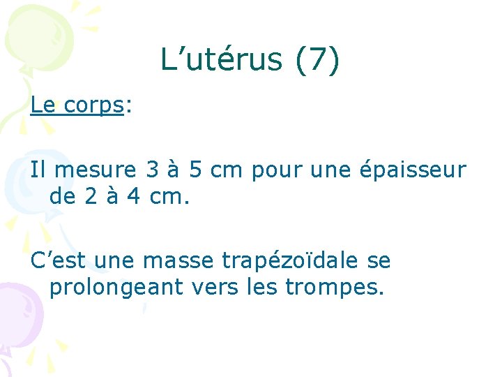 L’utérus (7) Le corps: Il mesure 3 à 5 cm pour une épaisseur de