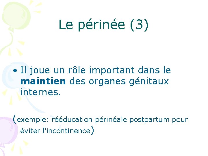 Le périnée (3) • Il joue un rôle important dans le maintien des organes