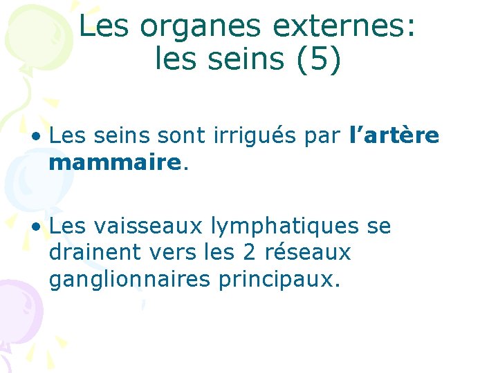 Les organes externes: les seins (5) • Les seins sont irrigués par l’artère mammaire.