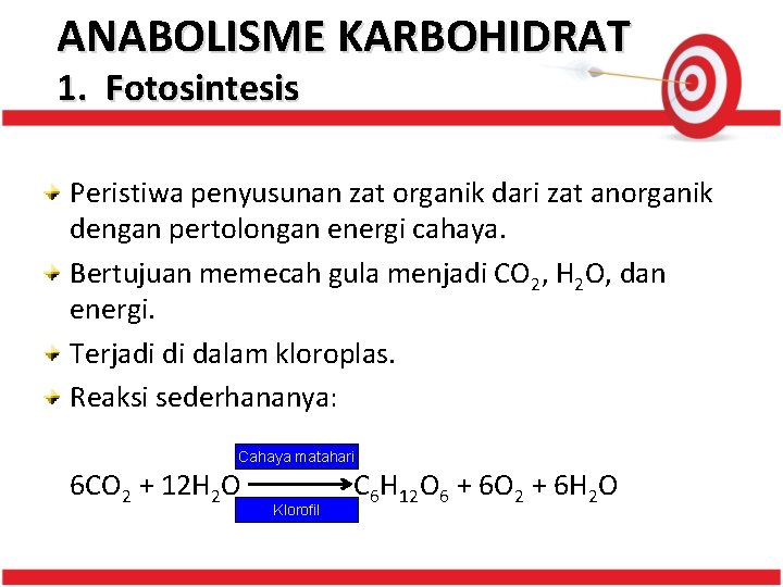 ANABOLISME KARBOHIDRAT 1. Fotosintesis Peristiwa penyusunan zat organik dari zat anorganik dengan pertolongan energi