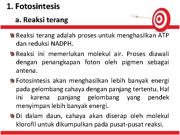 1. Fotosintesis a. Reaksi terang adalah proses untuk menghasilkan ATP dan reduksi NADPH. Reaksi