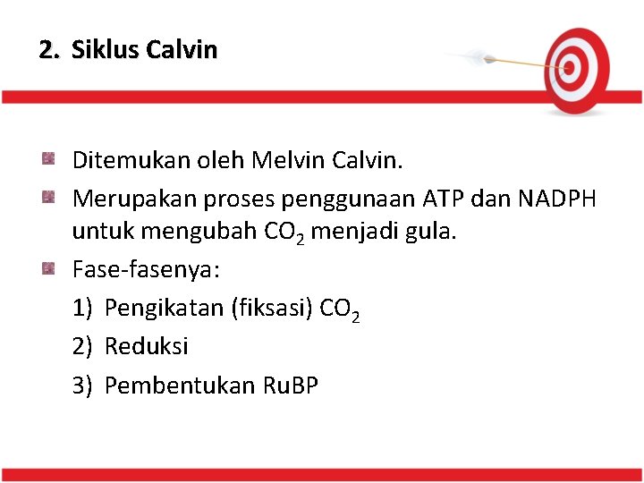 2. Siklus Calvin Ditemukan oleh Melvin Calvin. Merupakan proses penggunaan ATP dan NADPH untuk