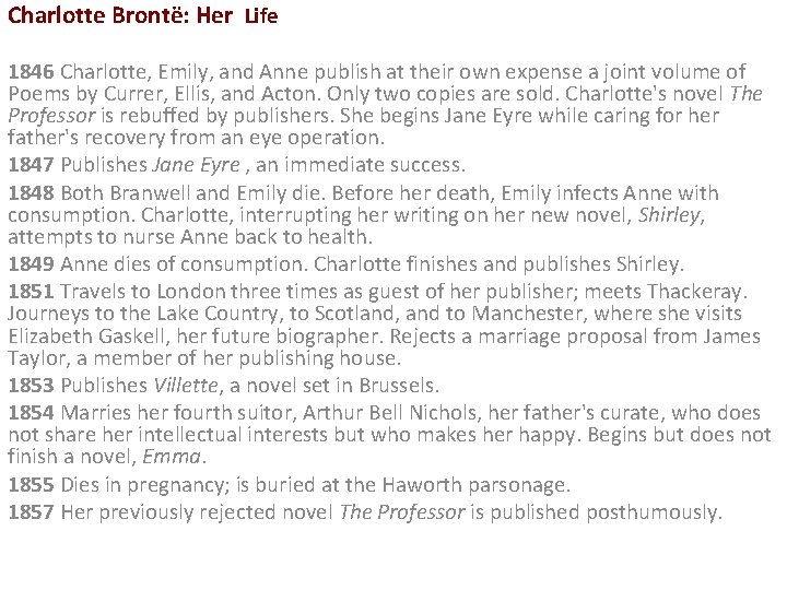 Charlotte Brontë: Her Life 1846 Charlotte, Emily, and Anne publish at their own expense