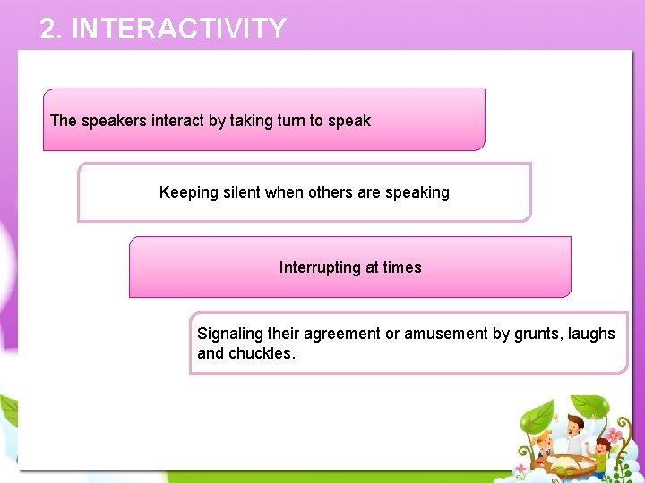 2. INTERACTIVITY The speakers interact by taking turn to speak Keeping silent when others