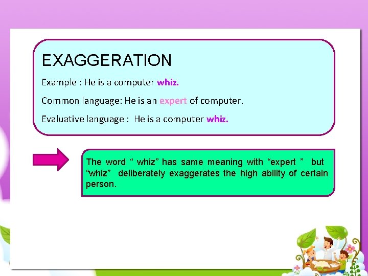EXAGGERATION Example : He is a computer whiz. Common language: He is an expert
