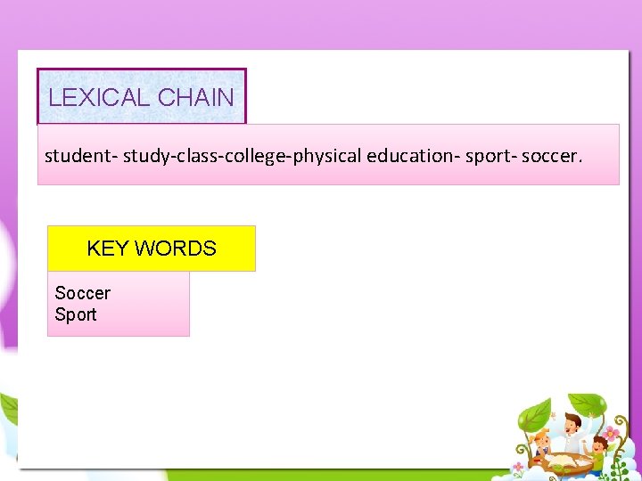 LEXICAL CHAIN student- study-class-college-physical education- sport- soccer. KEY WORDS Soccer Sport 