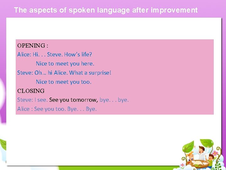 The aspects of spoken language after improvement OPENING : Alice: Hi. . . Steve.