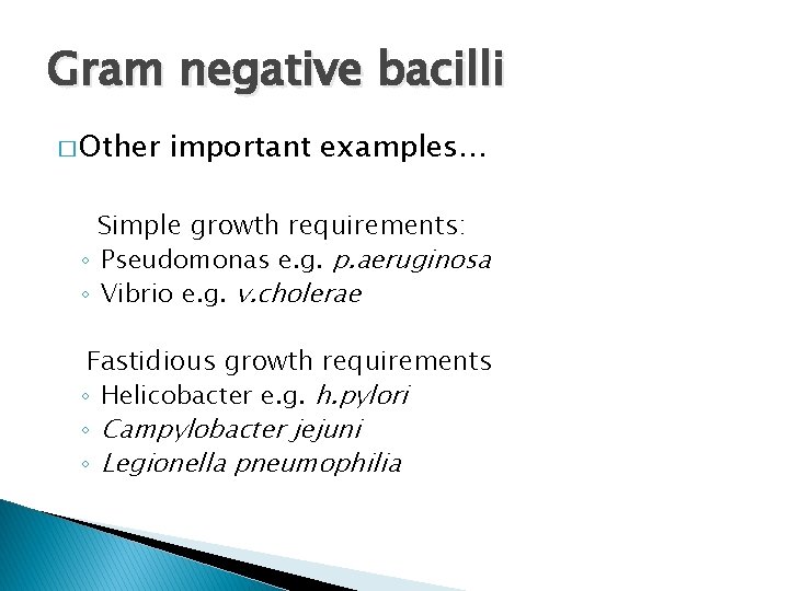 Gram negative bacilli � Other important examples… Simple growth requirements: ◦ Pseudomonas e. g. Gram negative bacilli � Other important examples… Simple growth requirements: ◦ Pseudomonas e. g.