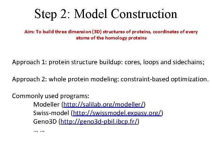 Step 2: Model Construction Aim: To build three dimension (3 D) structures of proteins,