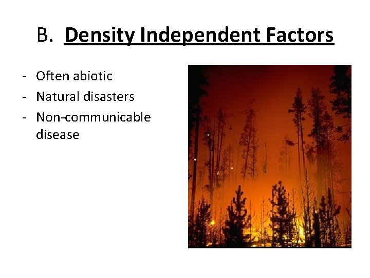 B. Density Independent Factors - Often abiotic - Natural disasters - Non-communicable disease 