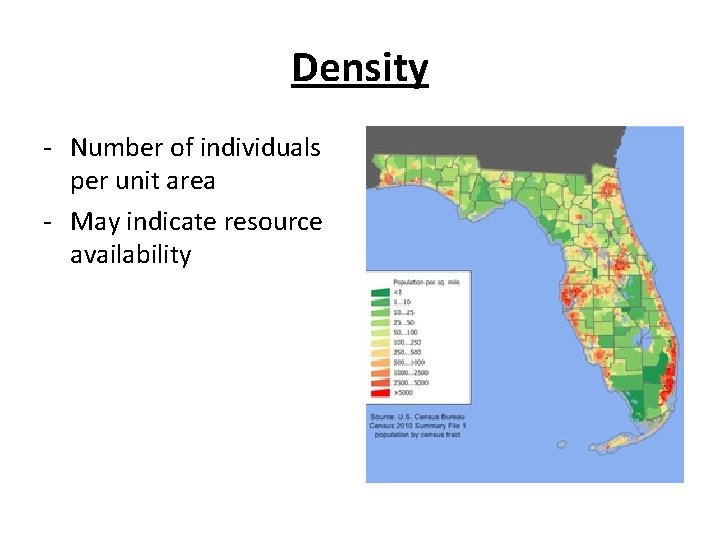 Density - Number of individuals per unit area - May indicate resource availability 