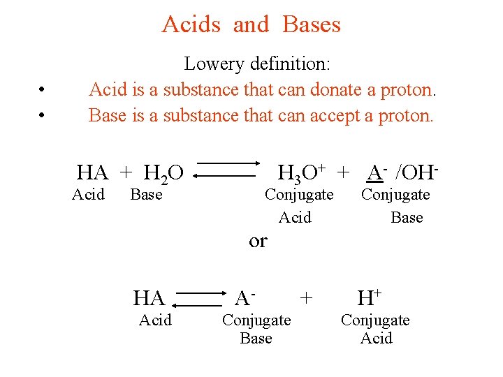 Acids and Bases • • Lowery definition: Acid is a substance that can donate