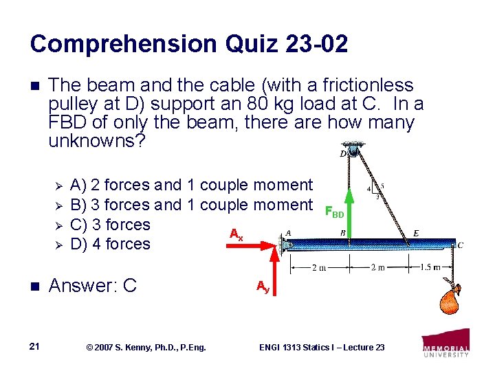 Comprehension Quiz 23 -02 n The beam and the cable (with a frictionless pulley