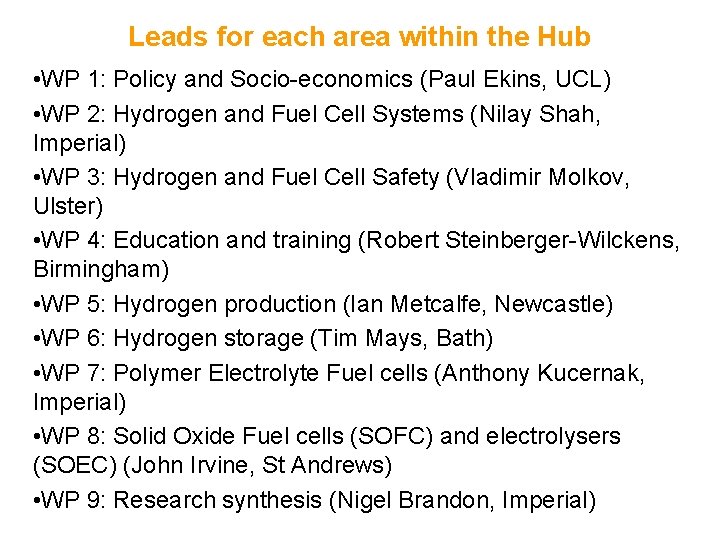 Leads for each area within the Hub • WP 1: Policy and Socio-economics (Paul